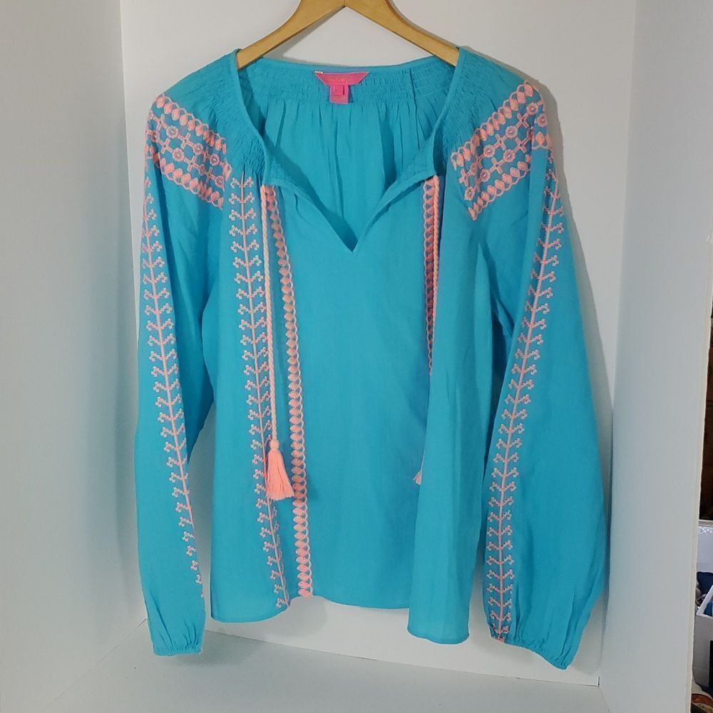 Lilly Pulitzer Lara Bermuda Blue Blouse with Tassels Women's Size L